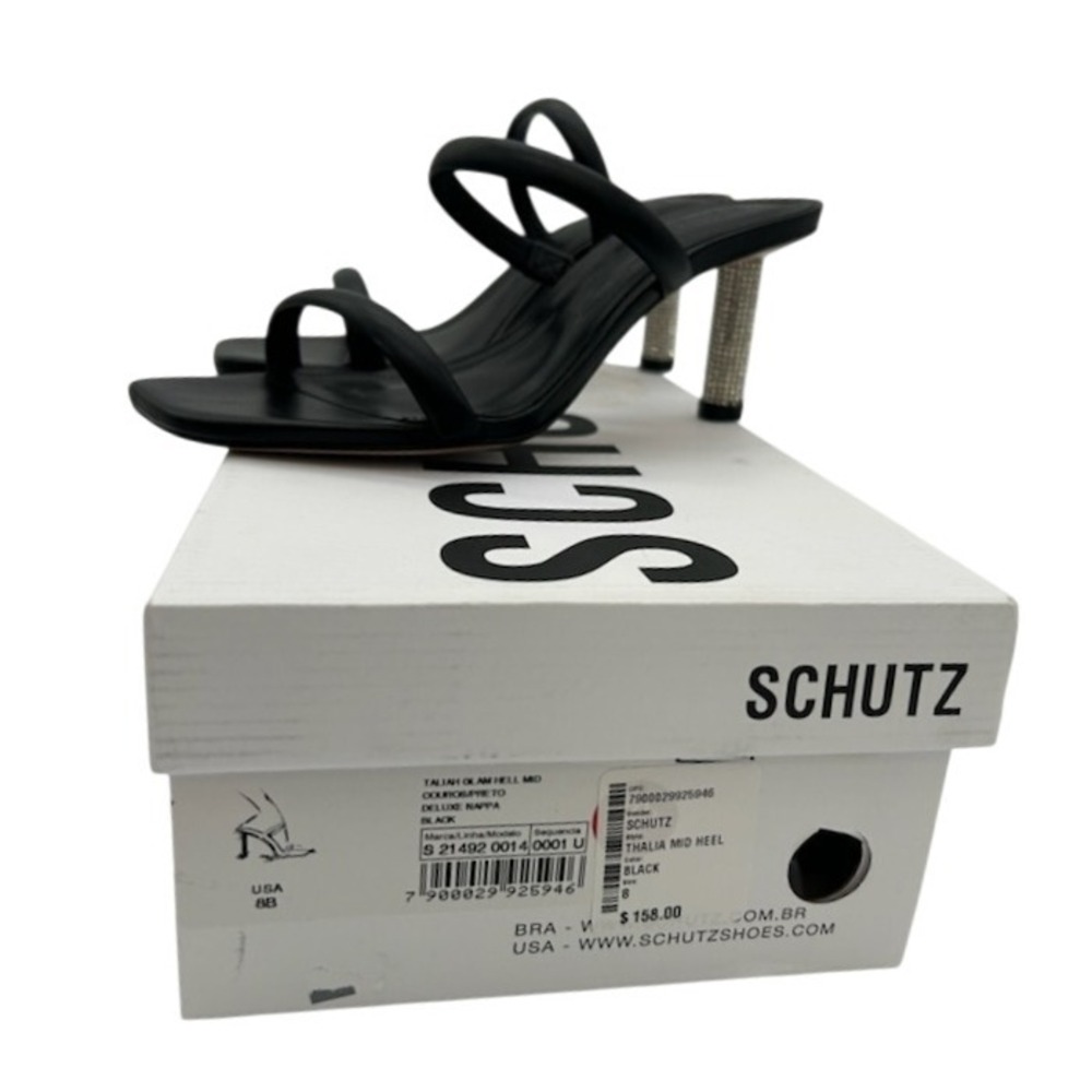 Schutz‎ Black Leather Taliah Glam Crystal Heels Mid Sandals Shoes Shows Size 8